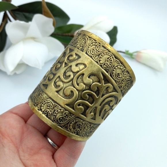 Vintage Etched Brass Open Cuff Wide Bangle Boho - Picture 5 of 9